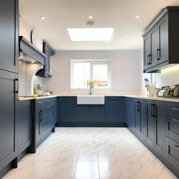 kitchen finished in farrow and ball Stiffkey blue ecospray